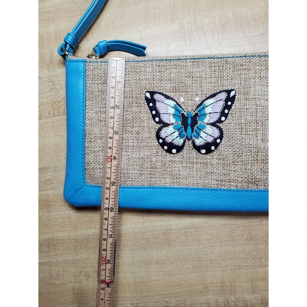 Talbots Blue Leather Trim Jute Butterfly Embroidered Wristlet Clutch Bag